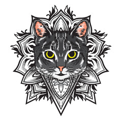 vector illustration cool cat flower mandala flat cartoon style suitable for poster, flyer, greeting cards, sticker, social media and tshirt design
