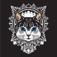 vector illustration cool black white cat flower mandala flat cartoon style suitable for poster, flyer, greeting cards, sticker, social media and tshirt design