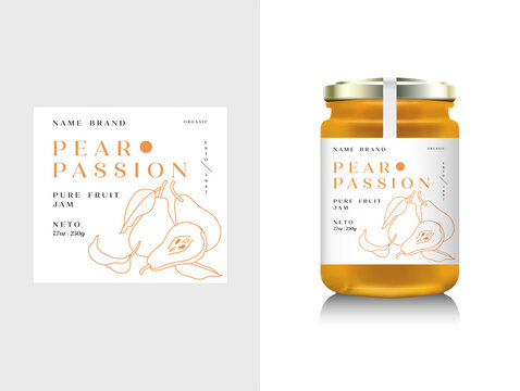 Vector illustration realistic glass bottle packaging for fruit jam. Pear jam with design label, typography, line pear icon.