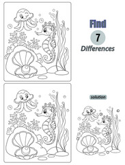 Black and White Cartoon Illustration of Finding Differences Between Pictures. Educational Game for Children with the seahorse and jellyfish. Coloring Book Page