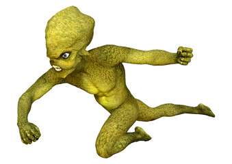 3D Rendering Green Alien on White