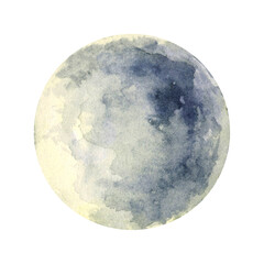 Full Moon isolated on white background. Watercolor illustration. Hand painted space planet art.