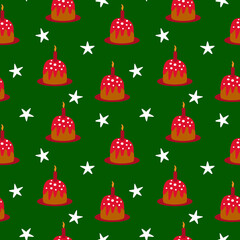 merry christmas and happy new year winter seasonal xmas seamless pattern with cakes and stars, endless repeatable textue , vector illustration graphic