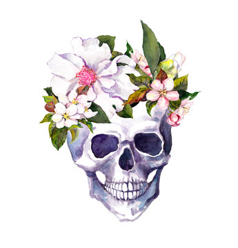 Human skull, flowers in boho, grunge style. Watercolor for Dia de Muertos day