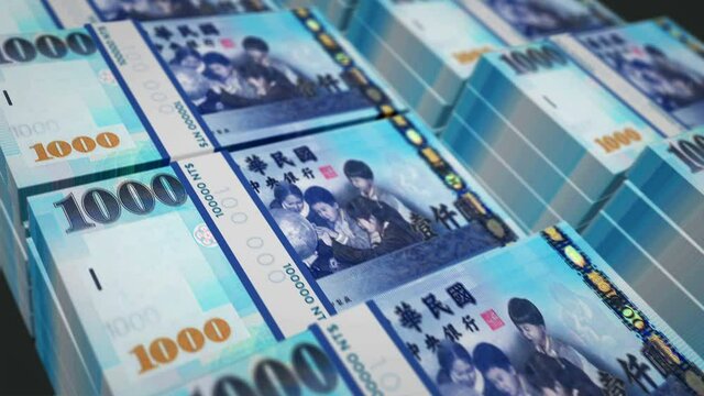 Taiwan Dollar money pack loop 3d animation. Loopable seamless concept of finance, cash, economy, business and bank. Camera moving over the TWD banknote bundle stacks.