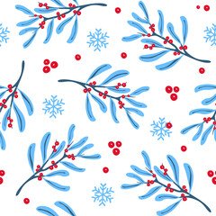 merry christmas and happy new year winter seasonal xmas seamless pattern with mistletoe branches, endless repeatable textue , vector illustration graphic