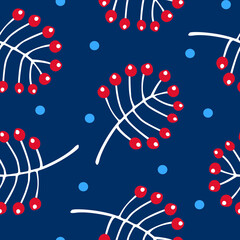merry christmas and happy new year winter seasonal xmas seamless pattern with red berries branches, endless repeatable textue , vector illustration graphic
