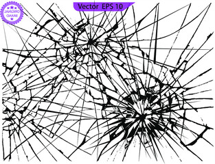 Set of broken glass, cracks, bullet marks on glass. Broken glass, cracks, bullet marks on glass. High resolution. Texture glass with black hole.