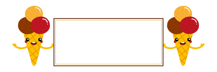 Couple of cute and happy cartoon style ice cream cone characters holding blank card, banner.