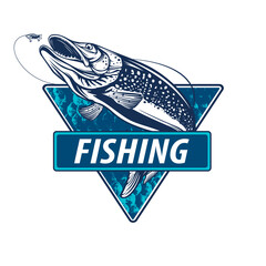 Pike fishing emblem. Pike fish logo vector. Outdoor fishing background theme. Angry fish logo.