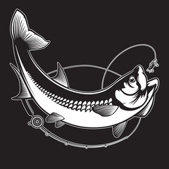 Tarpon fishing emblem. Black and white illustration of tarpon. Vector can be used for web design, cards, logos and other design