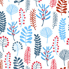 merry christmas and happy new year winter seasonal xmas seamless pattern with foliage, plants berries branches, endless repeatable textue , vector illustration graphic