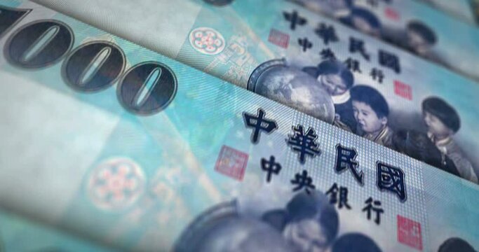 Taiwan Dollar banknote loop. TWD money texture. Concept of economy, business, crisis, banking, recession, debt and finance. Moving over note. Loopable seamless 3d animation.