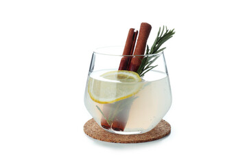 Glass of lemonade with cinnamon and rosemary isolated on white background
