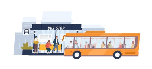 People waiting and getting on arrived bus at public transport stop. Passengers at city municipal station with schedule board and bench. Colored flat vector illustration isolated on white background © Good Studio