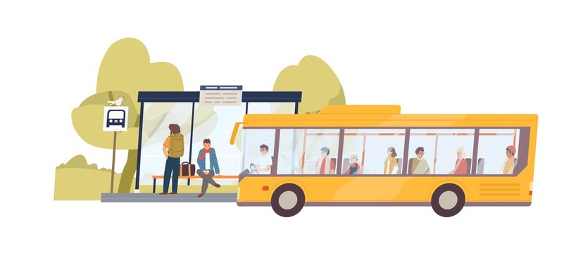Arrived bus with passengers and people waiting at public transport stop in nature. Landscape with suburban station. Colored flat vector illustration isolated on white background