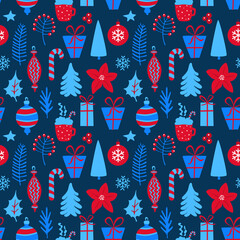merry christmas and happy new year winter seasonal xmas seamless pattern with decoration items, endless repeatable textue , vector illustration graphic