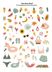 Naklejka premium Cute hand drawn summer illustration icon set such as fruits, flowers and plants, swimwear, ice cream, drinks, pool floats, seashells, palm leaves in doodle style. Isolated on white background.