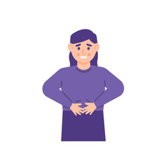 illustration of a woman holding her stomach in pain or aches. painful menstruation, colds, hunger, ulcers. flat style. people illustration vector design