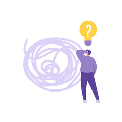 the concept of brainstorming, problem solving, strategy. illustration of a businessman thinking of tackling a tangled thread or rope. ideas and solutions. flat style. people illustration vector design