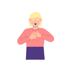 a woman experiences shortness of breath or asthma. hands holding the chest and difficulty breathing. expression of a person whose chest is sick or unwell. flat style. vector design element