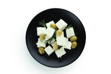 Plate with feta cheese, olives and rosemary isolated on white background