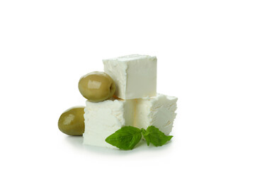 Feta cheese pieces isolated on white background