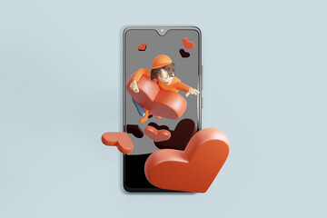 Young man climbing and reaching towards big floating hearts coming out of a mobile phone. 3D rendering.