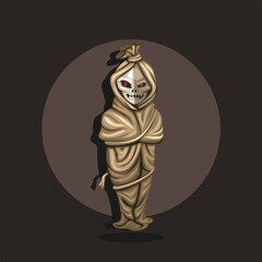 Pocong urban legend ghost from asian indonesia. soul of a dead person trapped in its shroud. cartoon illustration vector