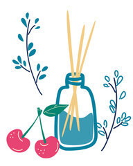 Aroma therapy set. Wooden aroma sticks in glass jar with the smell of cherries.   Essential air fragrance sticks aromatherapy. Spa and beauty Cartoon Flat vector illustration isolated