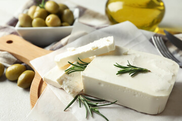 Concept of tasty food with feta cheese, close up