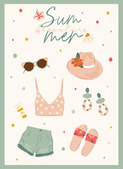Fototapeta premium Summer illustration holiday beach fashion styling flat lay composition of hat, shorts, blouse, sunglass, sandals. Cartoon style, flat design