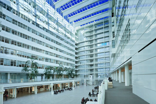 THE HAGUE-MARCH 18. The Hague City Hall atrium. Designed in 1986 by Richard Meier, completed in 1995. 4,500 sq. meter atrium flanked by two 10- and 12-storey buildings. The Hague, March 18, 2013.