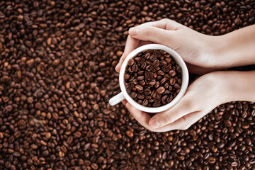 Coffee beans in hand. View from above