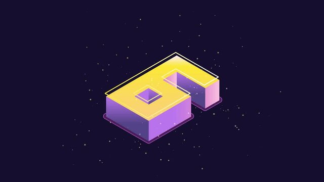 Countdown Timer from 10 to 0. Isometric 3d Numbers in purple and yellow. Falling down animation with particle dust. Video 3d clock Ultra HD 4K 3840x2160