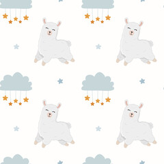 Seamless pattern with sleeping alpaca, clouds and stars in the sky. Background for wrapping paper, textile, posters, nursery decoration. Cute llama