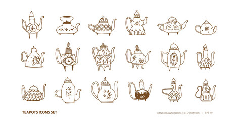 Teapots outline icons set. Line art with teapots design elements in vintage style. Doodle vector illustration