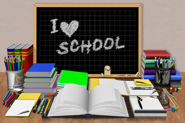 Lavagna centrale con testo Io amo la scuola. Materiale di cancelleria utilizzato a scuola,università, ufficio.