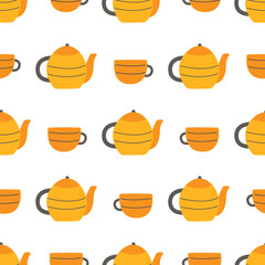 Seamless pattern with cute teapots and teacups.