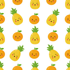 Seamless pattern with cute kawaii fruits. Pineapple and orange.