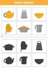 Find shadows of cartoon utensils. Cards for kids.