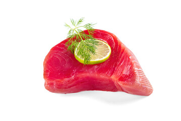 fresh raw yellowfin sliced tuna steak isolated on a white background. bluefin tuna medallions