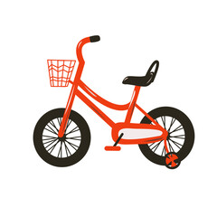 Children's red two-wheeled bicycle with additional wheels.