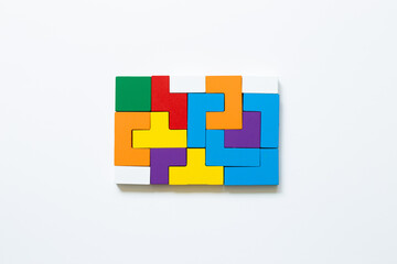 Obraz premium Color blocks on white background. Creative thinking, idea, problem solving, success concept. top view