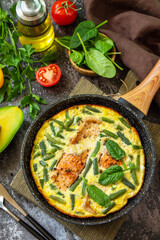 Breakfast or lunch snack concept. Rustic omelet (omelette, Scrambled)  with salmon fillet and green beans in a frying pan on a stone background.