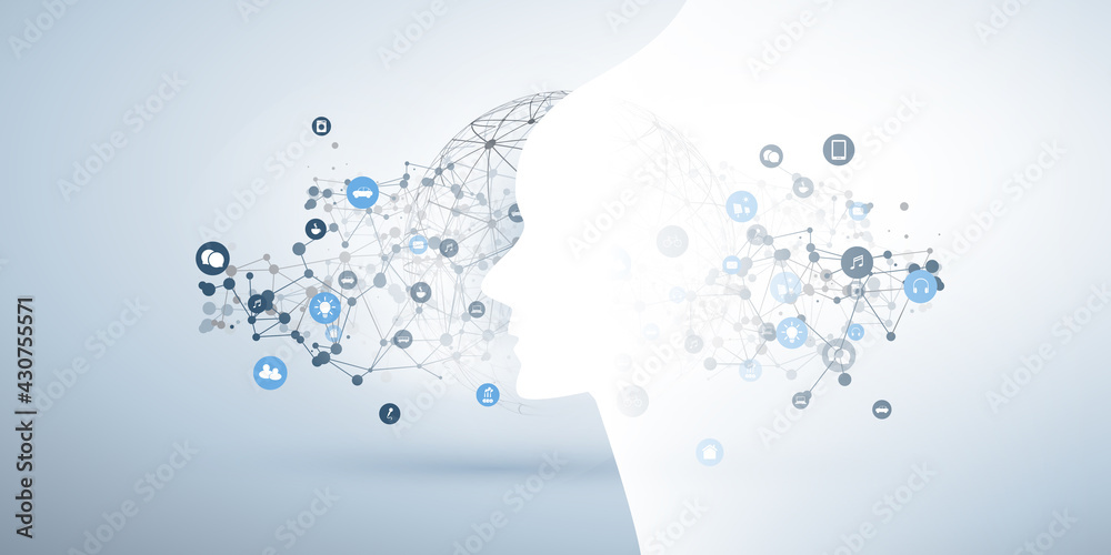 Poster machine learning, artificial intelligence, cloud computing and networks design concept with human or