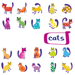 Fototapeta premium Funny cartoon cat and lettering and abstract elements sticker set isolated on white background. Vector illustration set of pretty kitty 