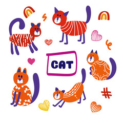 Funny cartoon cat and lettering and abstract elements sticker set isolated on white background. Vector illustration set of pretty kitty 
