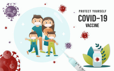 Family Anti-Coronavirus disease COVID-19 infection medical vaccine The new official name for Coronavirus disease named COVID-19, pandemic risk background vector illustration