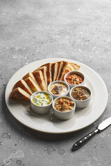 Mediterranean snack set. Hummus, olives, peppers, yogurt, beans. Greek cuisine. Assorted, Place for text